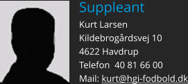 Suppleant Kurt Larsen Kildebrogårdsvej 10 4622 Havdrup Telefon  40 81 66 00 Mail: kurt@hgi-fodbold.dk