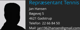Repræsentant Tennis Jan Hansen Bøgevej 5 4621 Gadstrup Telefon  22 66 84 50 Mail: jan1962hansen@gmail.com